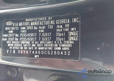 2012 Kia Sorento Lx z USA, uszkodzony, nr VIN 5XYKT4A60CG280432